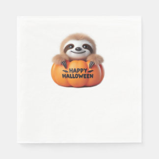 Cute Sloth sitting in a Pumpkin. Text Happy Hallow Napkin