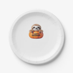 Cute Sloth sitting in a Pumpkin. Text Happy Hallow Paper Plate