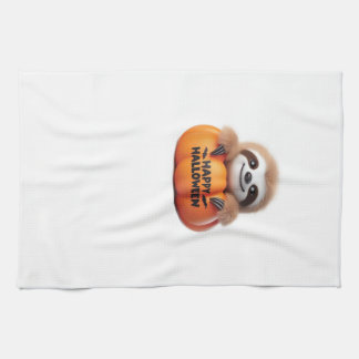 Cute Sloth sitting in a Pumpkin. Text Happy Hallow Tea Towel