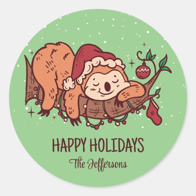 Cute Sloth Sleeping Christmas Snowy Winter Holiday Classic Round Sticker (Front)