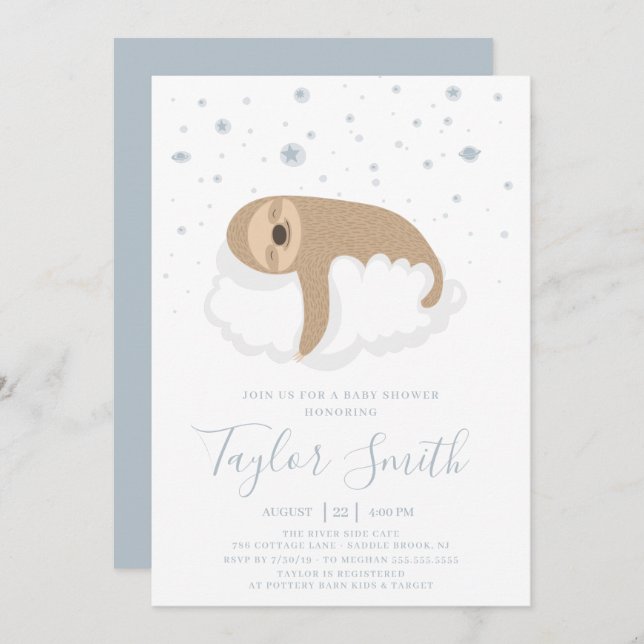 Cute Sloth Sleeping On Cloud Baby Sower Invitation (Front/Back)
