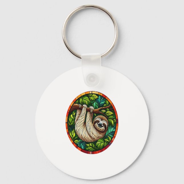 Cute Sloth Stained Glass Ornament Key Ring (Front)