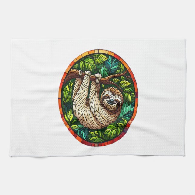 Cute Sloth Stained Glass Ornament Tea Towel (Horizontal)