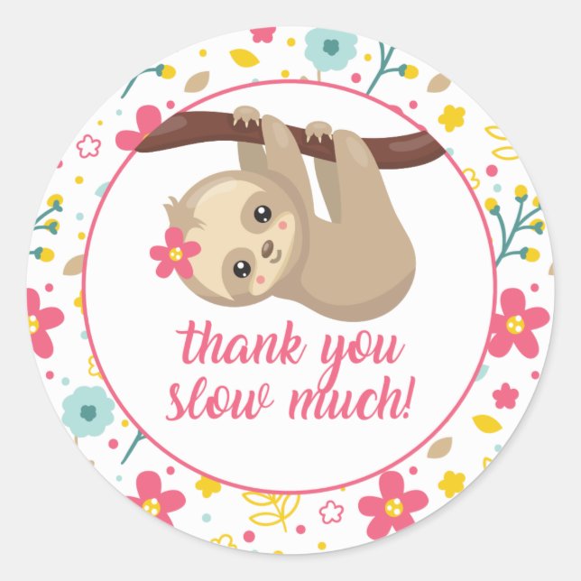 Cute Sloth Thank You Favour Stickers Spring Flower (Front)