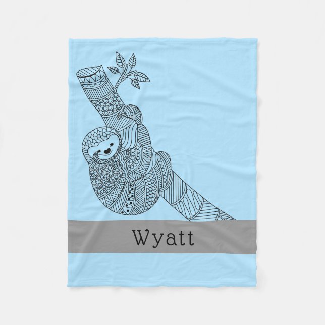 Cute Sloth Tribal Boho Personalised Name Blue Fleece Blanket (Front)