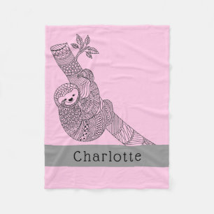 Cute Sloth Tribal Boho Pink Personalised Name Fleece Blanket