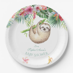 Cute Sloth Tropical Floral Bouquet Boy Baby Shower Paper Plate