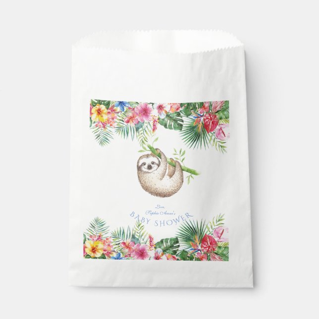 Cute Sloth Tropical Flowers Frame Baby Shower Favour Bag (Front)