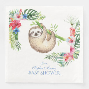 Cute Sloth Tropical Flowers Frame Baby Shower Napkin