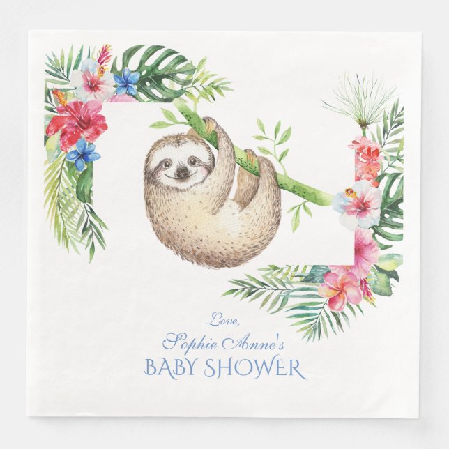 Cute Sloth Tropical Flowers Frame Baby Shower Napkin (Front)