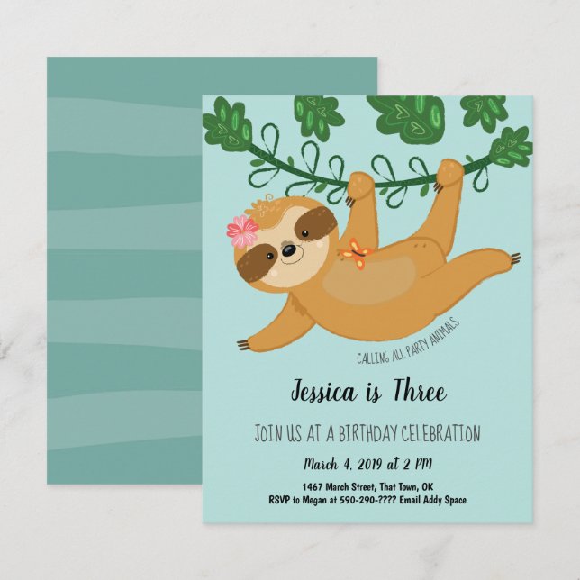 Cute Sloth Tropical Girly Birthday Party Invitation (Front/Back)