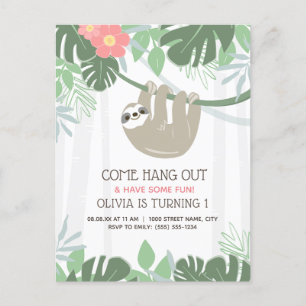 Cute Sloth Tropical Palm Leaves Birthday Invitatio Postcard