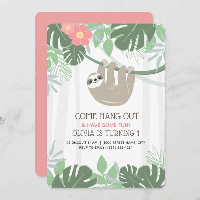 Cute Sloth Tropical Palm Leaves Birthday Invitation (Front/Back)