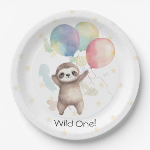 Cute Sloth Watercolor Balloons Wild One Birthday Paper Plate