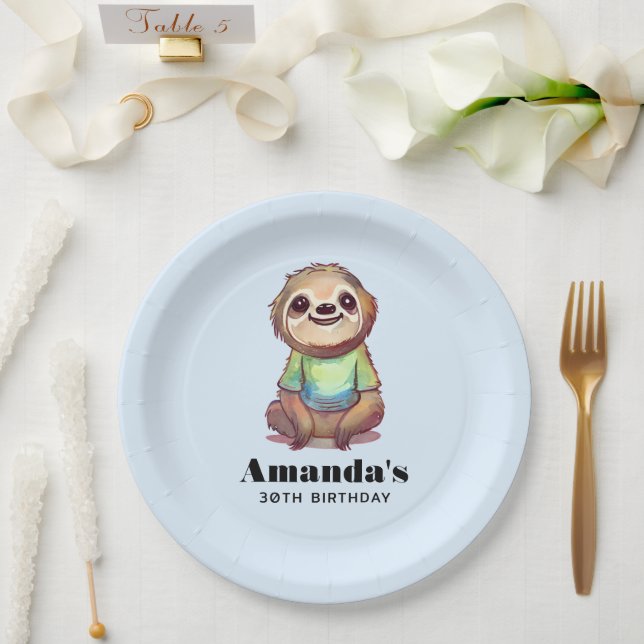 Cute Sloth Wearing a Shirt Birthday Paper Plate (Wedding)
