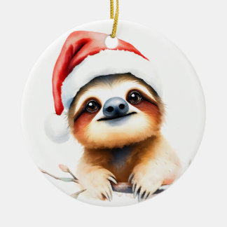 Cute Sloth Wearing Santa Hat Ceramic Ornament
