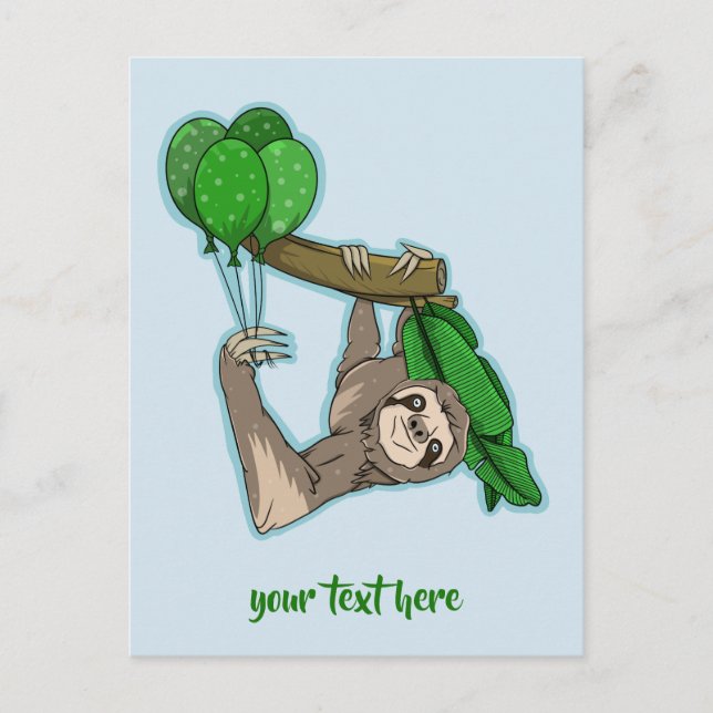 Cute sloth with birthday party balloons invitation postcard (Front)