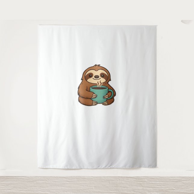 Cute Sloth with Coffee Mug – Cosy Relaxed Animal A Tapestry (Front)