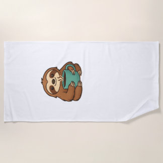 Cute Sloth with Coffee Mug � Cozy Relaxed Animal A Beach Towel