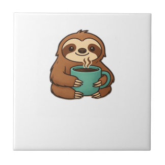 Cute Sloth with Coffee Mug � Cozy Relaxed Animal A Ceramic Tile