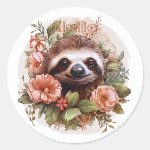 Cute Sloth with Flowers Hello Classic Round Sticker