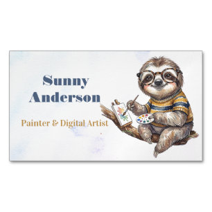 Cute Sloth with Glasses Funny Watercolor Painting  Magnetic Business Card