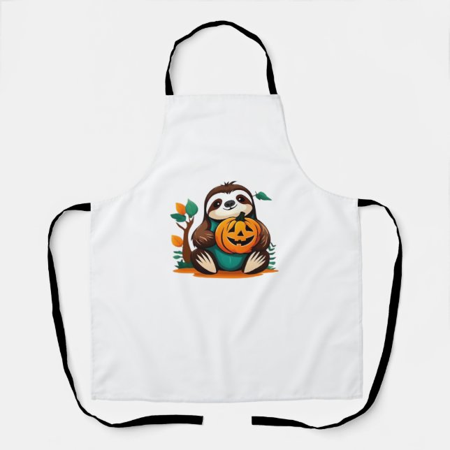 Cute Sloth with Pumpkin Halloween Cartoon Vector I Apron (Front)