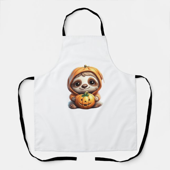 Cute Sloth with Pumpkin Halloween Cartoon Vector I Apron (Front)