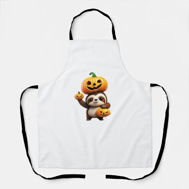 Cute Sloth with Pumpkin Halloween Cartoon Vector I Apron (Front)