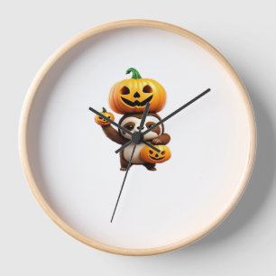 Cute Sloth with Pumpkin Halloween Cartoon Vector I Clock