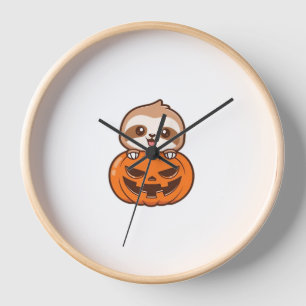 Cute Sloth with Pumpkin Halloween Cartoon Vector I Clock