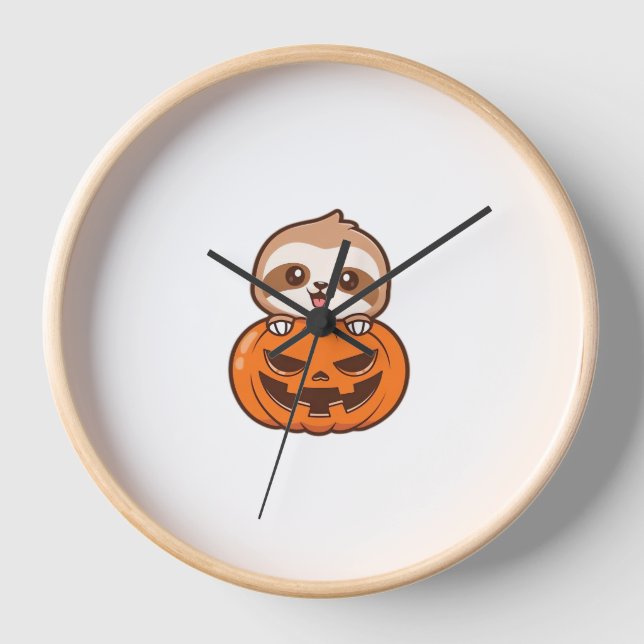 Cute Sloth with Pumpkin Halloween Cartoon Vector I Clock (Front)