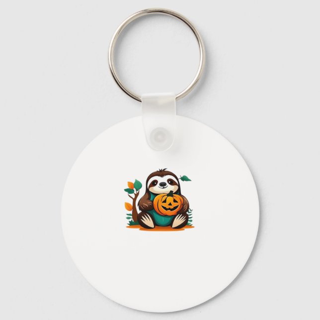 Cute Sloth with Pumpkin Halloween Cartoon Vector I Key Ring (Front)