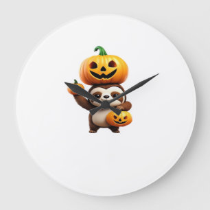 Cute Sloth with Pumpkin Halloween Cartoon Vector I Large Clock