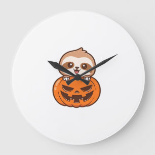 Cute Sloth with Pumpkin Halloween Cartoon Vector I Large Clock