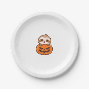 Cute Sloth with Pumpkin Halloween Cartoon Vector I Paper Plate