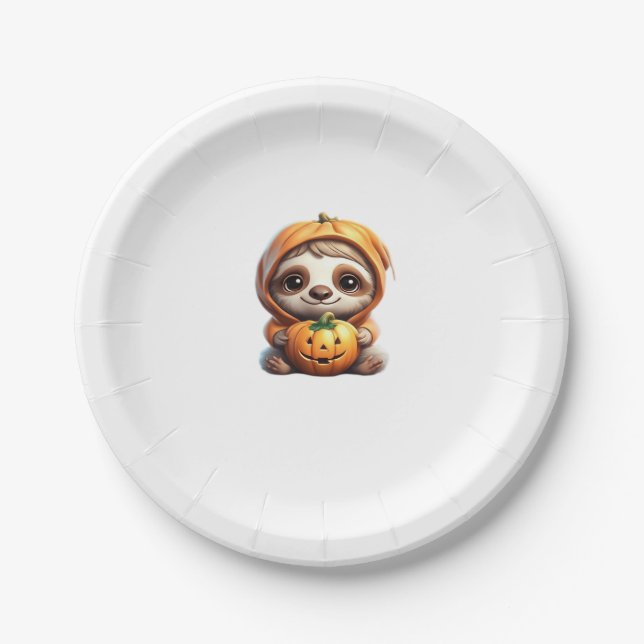 Cute Sloth with Pumpkin Halloween Cartoon Vector I Paper Plate (Front)