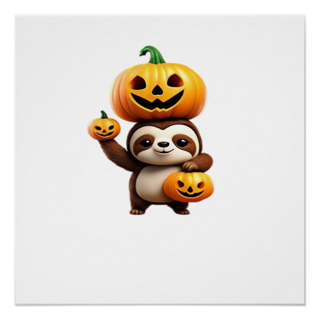 Cute Sloth with Pumpkin Halloween Cartoon Vector I Poster (Front)