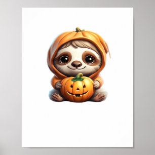 Cute Sloth with Pumpkin Halloween Cartoon Vector I Poster