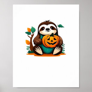 Cute Sloth with Pumpkin Halloween Cartoon Vector I Poster