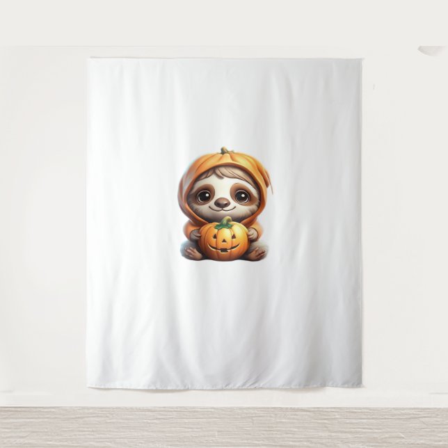 Cute Sloth with Pumpkin Halloween Cartoon Vector I Tapestry (Front)