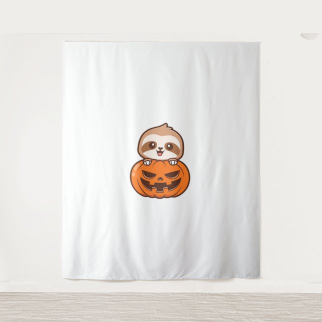Cute Sloth with Pumpkin Halloween Cartoon Vector I Tapestry (Front)