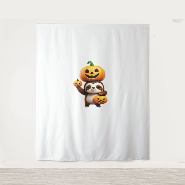 Cute Sloth with Pumpkin Halloween Cartoon Vector I Tapestry (Front)