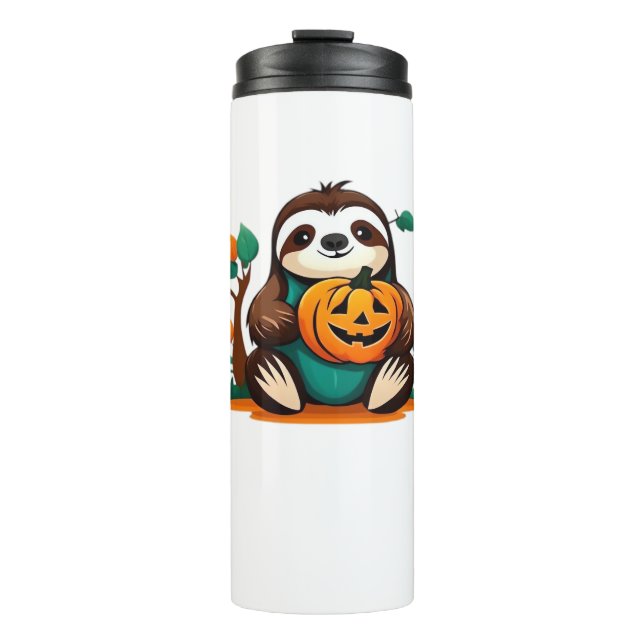 Cute Sloth with Pumpkin Halloween Cartoon Vector I Thermal Tumbler (Front)