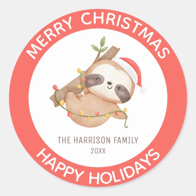 Cute Sloth With Santa Hat Christmas Classic Round Sticker (Front)