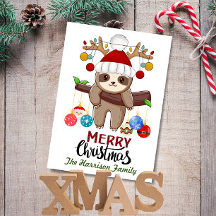 Cute Sloth with Santa Hat,Christmas Lights & Balls Holiday Card