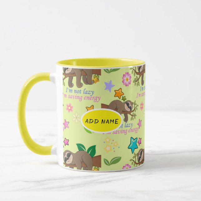 Cute Sloth Yellow Pattern Funny Lazy Quote Floral Mug (Left)
