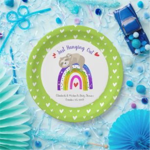 Cute Sloths Baby Shower Sweet Boho Rainbow Modern  Paper Plate