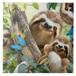 Cute Sloths Background Ceramic Tile