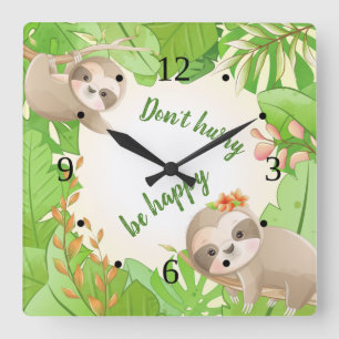 Cute Sloths "Don´t hurry be happy" Rainforest Square Wall Clock